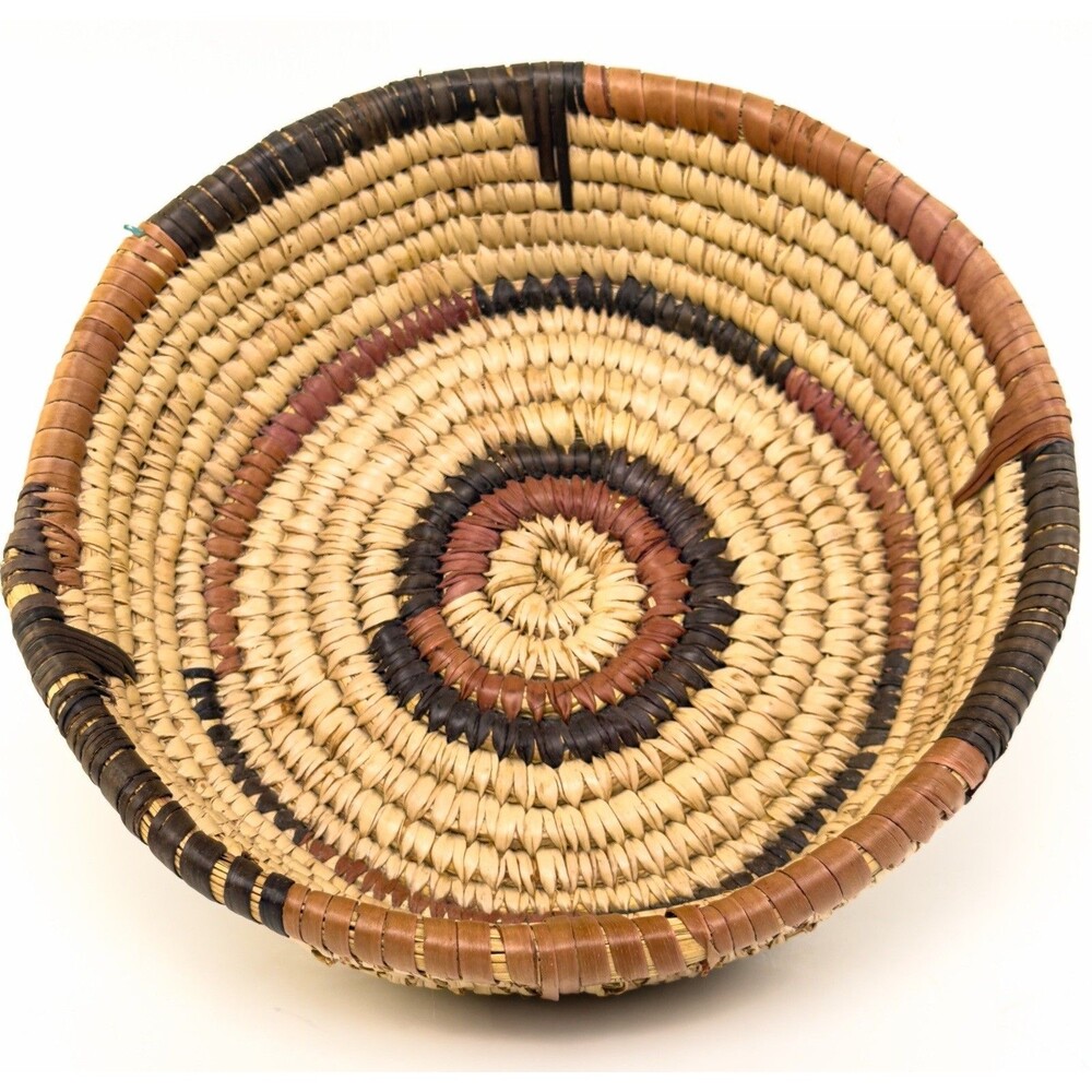 Vintage Woven Basket Coiled Round 10” Earth Tones Tan Brown Boho Wall Decor